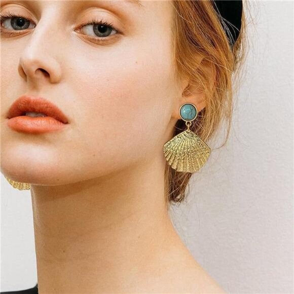 Gold Seashell Drop Earrings | Boho Turquoise Dangle Earrings | Lightweight Beach - Picture 4 of 5